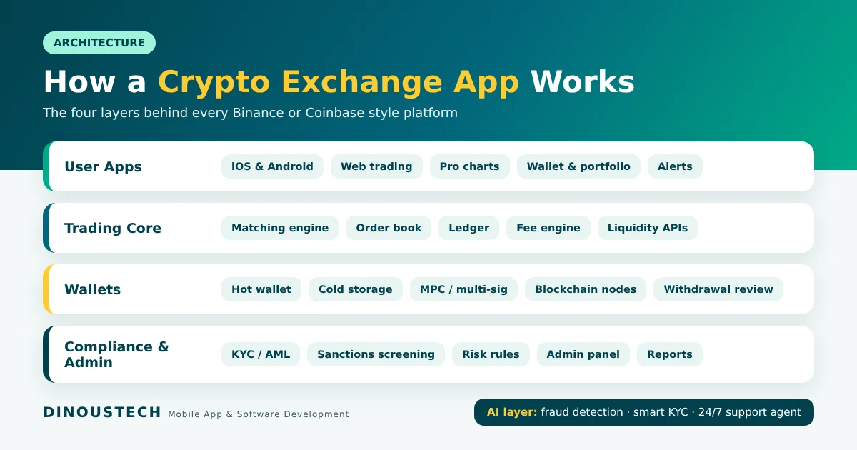Crypto exchange app architecture: user apps, matching engine, wallets and compliance layer