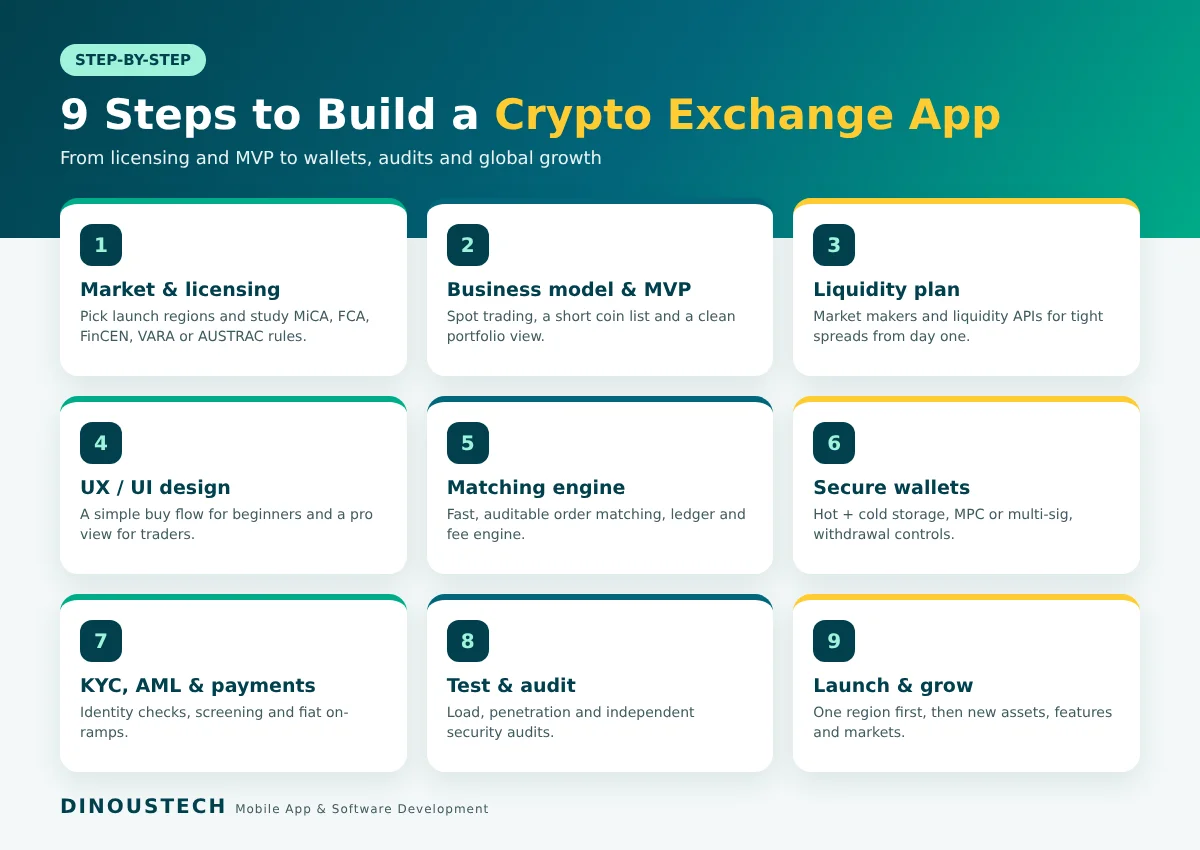 9 steps to build a cryptocurrency exchange app like Binance or Coinbase