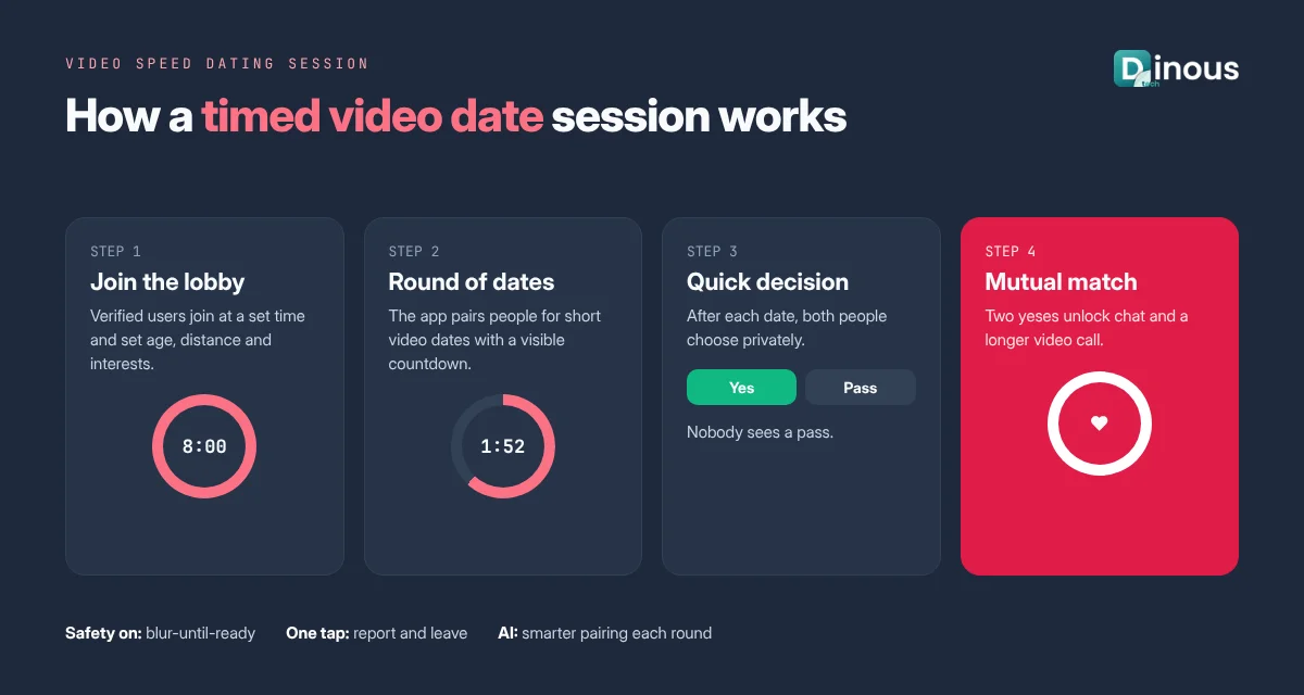 Video speed dating session flow: join, timed video dates, mutual yes and match